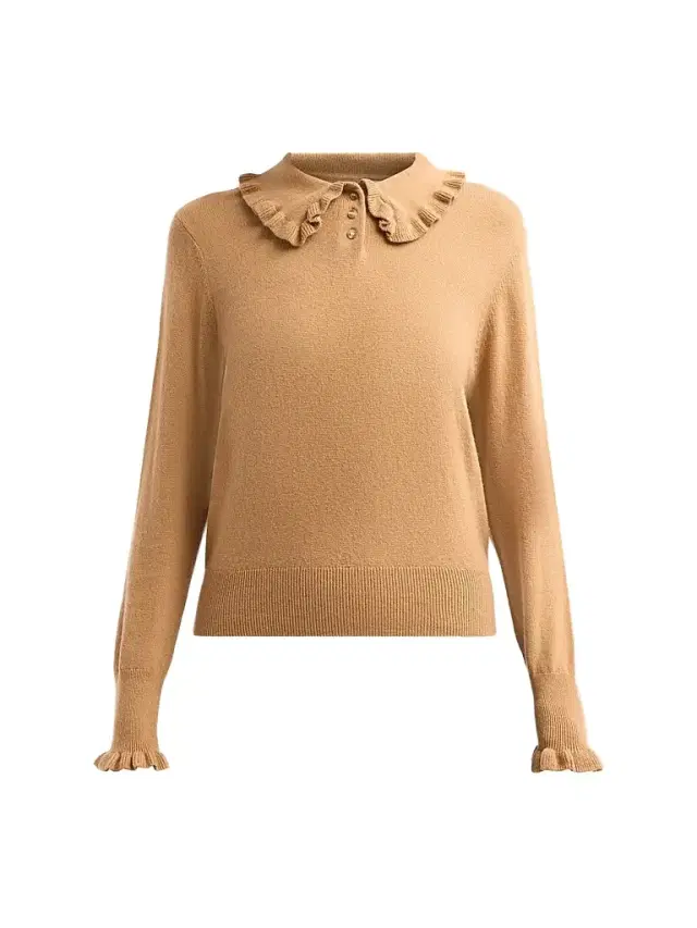Design History Women's Sophie Ruffle Collar Polo Top - Camel