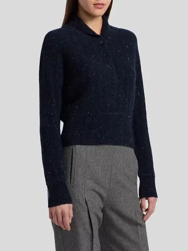 Co Women's Cropped Henley Sweater - Navy Melange | Thumbnail 4