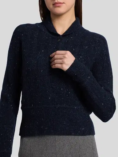 Co Women's Cropped Henley Sweater - Navy Melange | Thumbnail 6