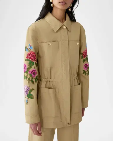Carolina Herrera Floral Embroidered Cotton Twill Zip Utility Jacket | Thumbnail 4