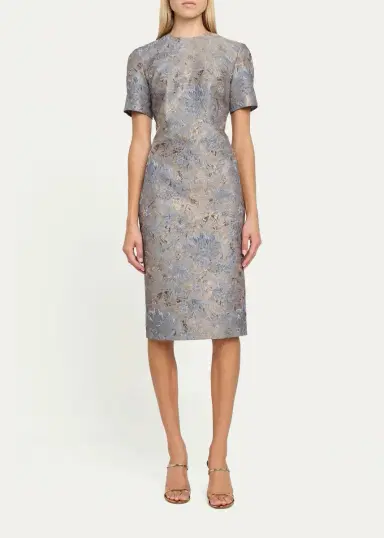 PRABAL GURUNG Short-Sleeve Metallic Floral Jacquard Sheath Dress | Thumbnail 2