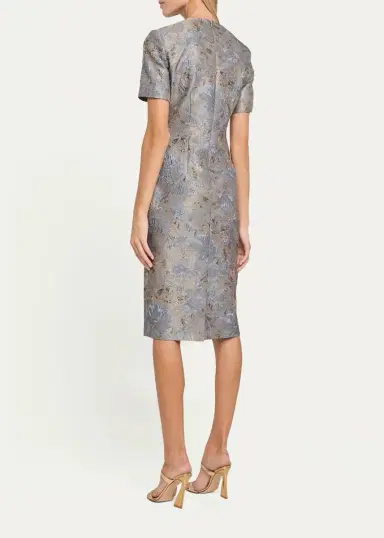PRABAL GURUNG Short-Sleeve Metallic Floral Jacquard Sheath Dress | Thumbnail 3
