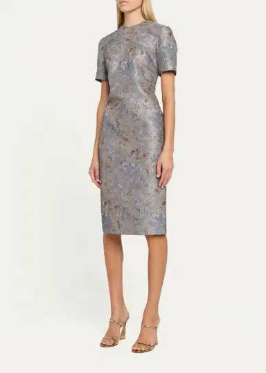 PRABAL GURUNG Short-Sleeve Metallic Floral Jacquard Sheath Dress | Thumbnail 4