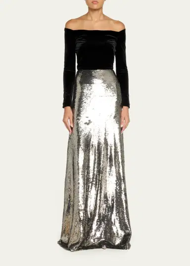 MONIQUE LHUILLIER Off-The-Shoulder Velvet Long-Sleeve Sequined Gown | Thumbnail 2 MONIQUE LHUILLIER Off-The-Shoulder Velvet Long-Sleeve Sequined Gown | Thumbnail 2