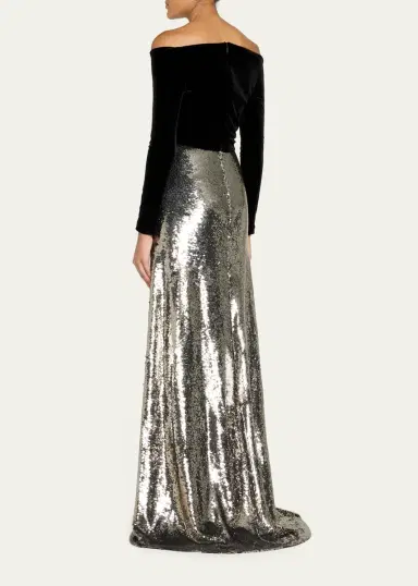 MONIQUE LHUILLIER Off-The-Shoulder Velvet Long-Sleeve Sequined Gown | Thumbnail 3 MONIQUE LHUILLIER Off-The-Shoulder Velvet Long-Sleeve Sequined Gown | Thumbnail 3