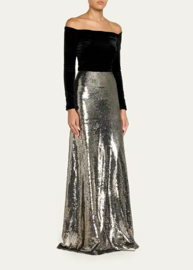 MONIQUE LHUILLIER Off-The-Shoulder Velvet Long-Sleeve Sequined Gown | Thumbnail 4 MONIQUE LHUILLIER Off-The-Shoulder Velvet Long-Sleeve Sequined Gown | Thumbnail 4