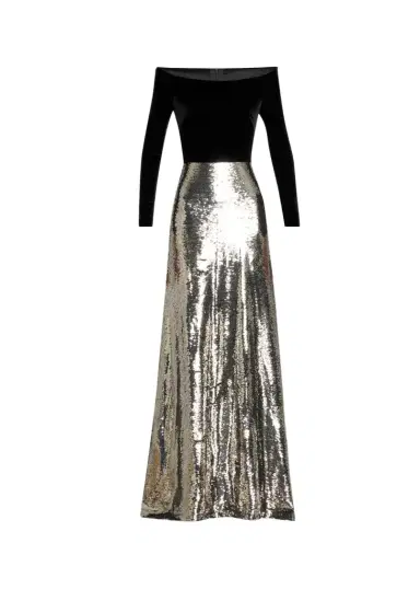 MONIQUE LHUILLIER Off-The-Shoulder Velvet Long-Sleeve Sequined Gown | Thumbnail 1 MONIQUE LHUILLIER Off-The-Shoulder Velvet Long-Sleeve Sequined Gown | Thumbnail 1