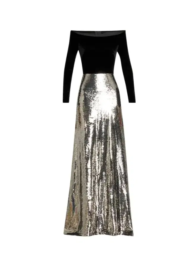 MONIQUE LHUILLIER Off-The-Shoulder Velvet Long-Sleeve Sequined Gown