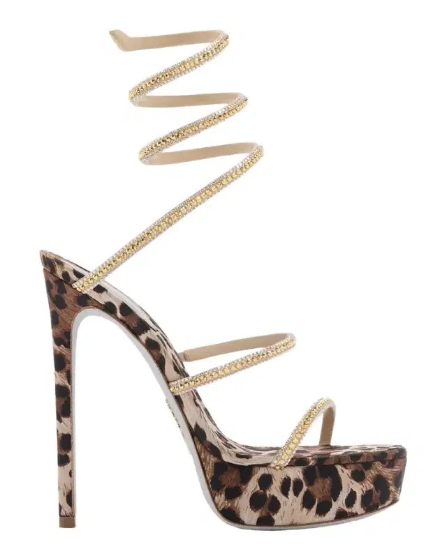 René Caovilla 130mm Leopard Satin Platform Ankle-Wrap Sandals