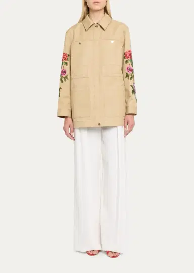Carolina Herrera Floral Embroidered Cotton Twill Zip Utility Jacket | Thumbnail 2
