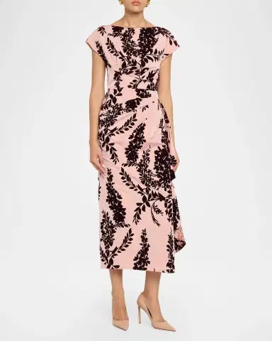 Lela Rose Flocked Taffeta Pleated Drape Midi Dress | Thumbnail 2