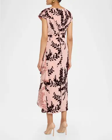 Lela Rose Flocked Taffeta Pleated Drape Midi Dress | Thumbnail 3