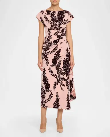 Lela Rose Flocked Taffeta Pleated Drape Midi Dress | Thumbnail 4