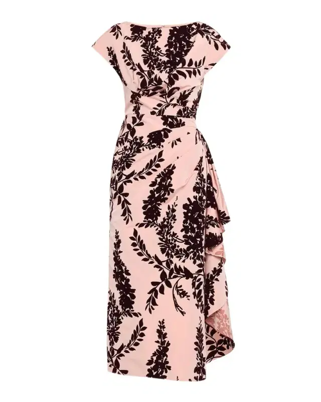 Lela Rose Flocked Taffeta Pleated Drape Midi Dress