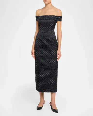 Lela Rose Polka-Dot Jacquard Off-The-Shoulder Midi Dress | Thumbnail 2