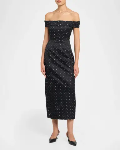Lela Rose Polka-Dot Jacquard Off-The-Shoulder Midi Dress | Thumbnail 4