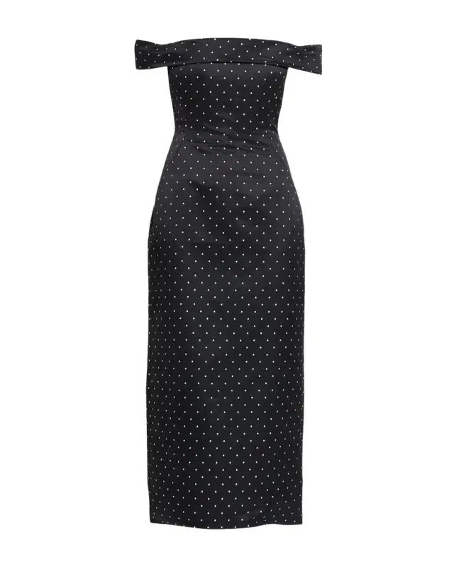 Lela Rose Polka-Dot Jacquard Off-The-Shoulder Midi Dress