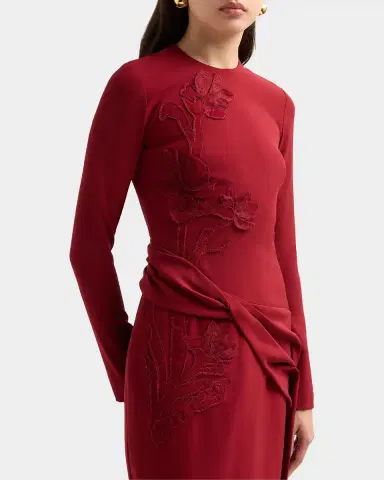 Lela Rose Floral Organza Embroidered Crepe Midi Dress | Thumbnail 4