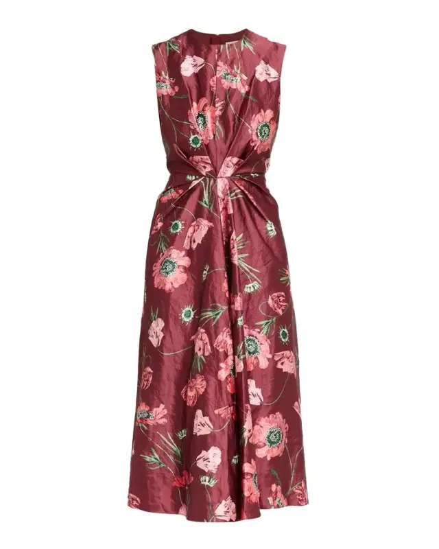 Erdem Floral Crinkled Satin Gathered Sleeveless Midi Dress