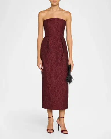 MONIQUE LHUILLIER Strapless Textured Jacquard Midi Dress | Thumbnail 2