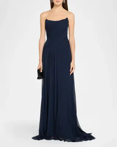 MONIQUE LHUILLIER Strapless Draped Silk Chiffon A-Line Gown | Thumbnail 2