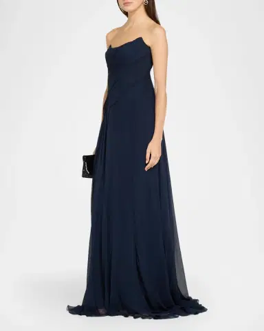 MONIQUE LHUILLIER Strapless Draped Silk Chiffon A-Line Gown | Thumbnail 4