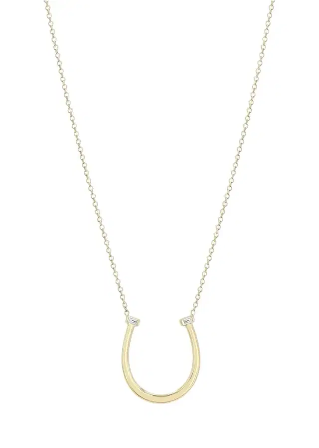 14K Baguette Diamond Hammered Horseshoe Pendant Necklace 14K Baguette Diamond Hammered Horseshoe Pendant Necklace