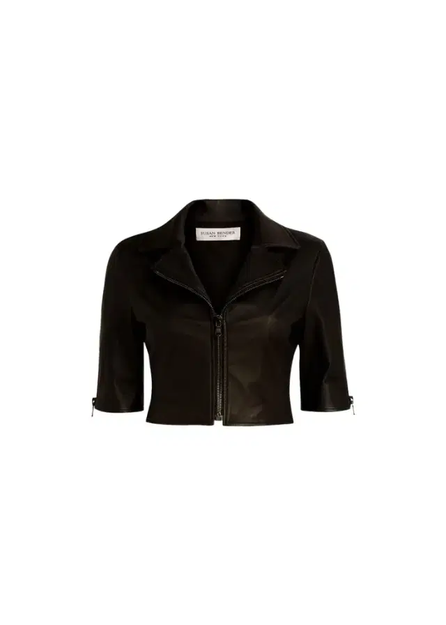 SUSAN BENDER Short-Sleeve Cropped Leather Moto Jacket
