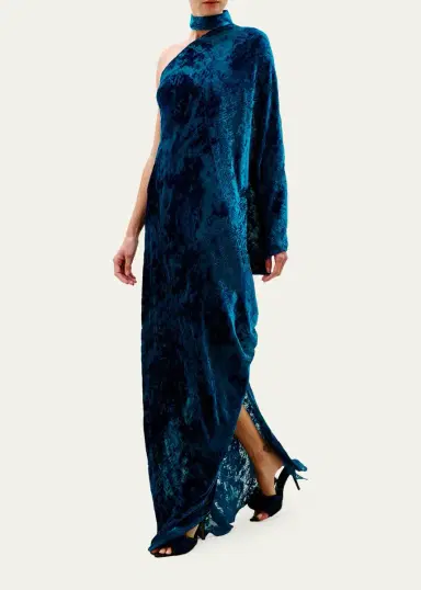 Silvia Tcherassi Anya Mock-Neck Asymmetric Velvet Burnout Maxi Dress | Thumbnail 2 Silvia Tcherassi Anya Mock-Neck Asymmetric Velvet Burnout Maxi Dress | Thumbnail 2