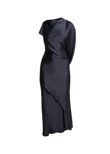 Victoria Beckham Kyra Satin Asymmetric Midi Dress | Thumbnail 1 Victoria Beckham Kyra Satin Asymmetric Midi Dress | Thumbnail 1