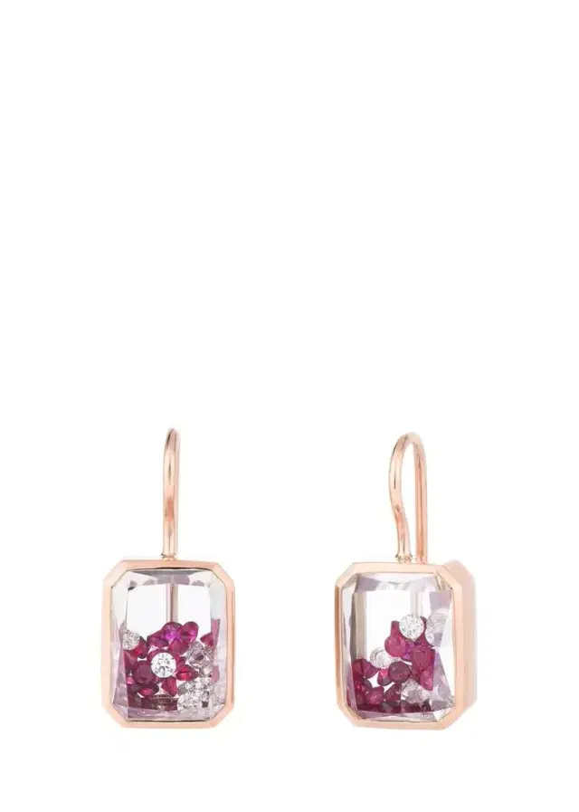 MORITZ GLIK 18K Rose Gold Esmeralda Shaker Earrings with Diamonds and Rubies