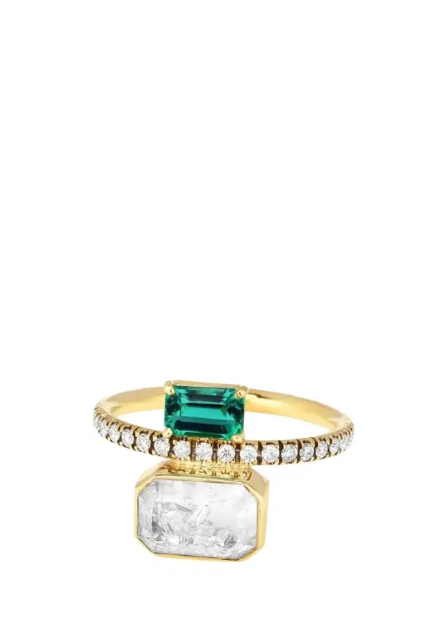 MORITZ GLIK 18K Yellow Gold Eternity Ring with Emerald and Diamond Shaker
