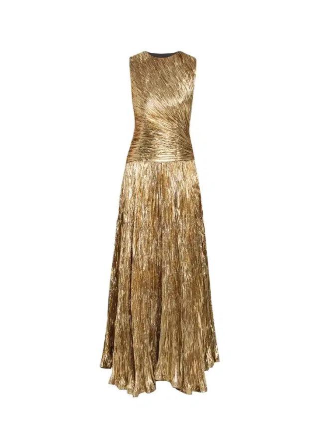 Ulla Johnson Sleeveless Metallic Plisse Drop-Waist Gown