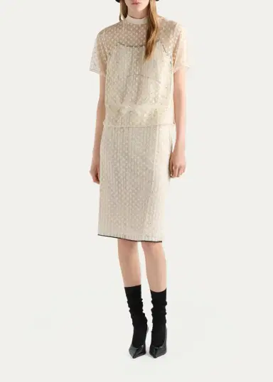 Prada Embellished Floral Mesh A-Line Skirt | Thumbnail 2