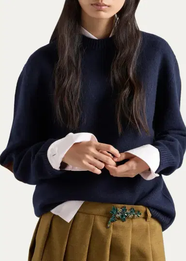 Prada Leather Elbow-Patch Wool Crewneck Sweater | Thumbnail 4
