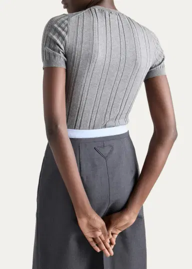 Prada Logo-Embroidered Cotton Ribbed Short-Sleeve Sweater | Thumbnail 3