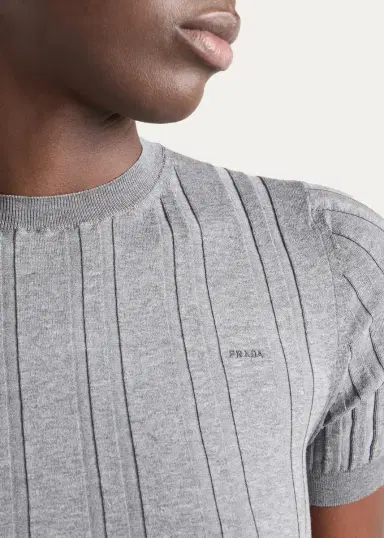 Prada Logo-Embroidered Cotton Ribbed Short-Sleeve Sweater | Thumbnail 5