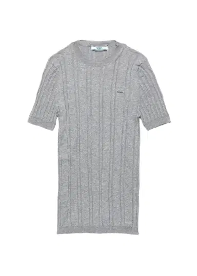 Prada Logo-Embroidered Cotton Ribbed Short-Sleeve Sweater | Thumbnail 1
