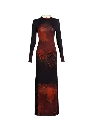 Silvia Tcherassi Gabbice Bead Tubular Collar Long-Sleeve Maxi Dress | Thumbnail 1