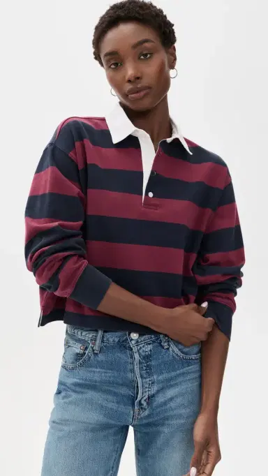 GOOD AMERICAN The Cropped Rugby Polo Navy Berry Noir Block tripe | Thumbnail 2