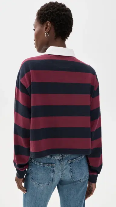 GOOD AMERICAN The Cropped Rugby Polo Navy Berry Noir Block tripe | Thumbnail 3