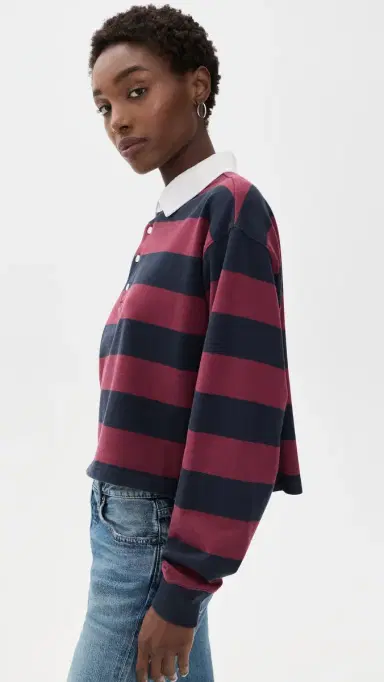 GOOD AMERICAN The Cropped Rugby Polo Navy Berry Noir Block tripe | Thumbnail 4