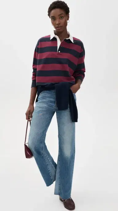 GOOD AMERICAN The Cropped Rugby Polo Navy Berry Noir Block tripe | Thumbnail 5