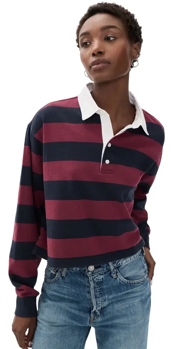 GOOD AMERICAN The Cropped Rugby Polo Navy Berry Noir Block tripe