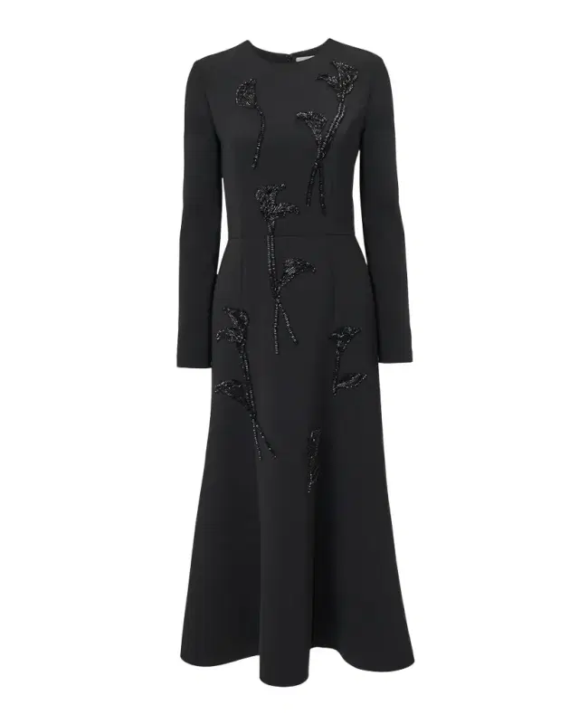 Carolina Herrera Floral Embellished Long-Sleeve Midi Trumpet Dress