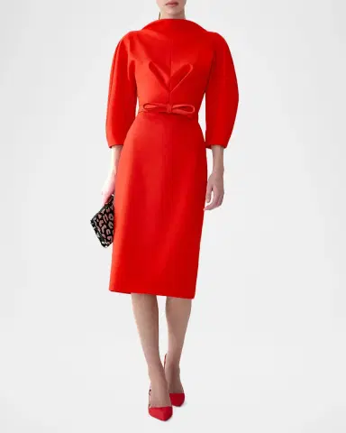 Carolina Herrera Draped High-Neck Wool 3/-Sleeve Midi Dress | Thumbnail 2