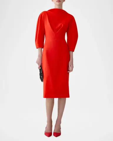 Carolina Herrera Draped High-Neck Wool 3/-Sleeve Midi Dress | Thumbnail 4