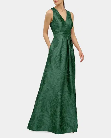 Kay Unger New York Mariah V-Neck Sleeveless Jacquard A-Line Gown | Thumbnail 4 Kay Unger New York Mariah V-Neck Sleeveless Jacquard A-Line Gown | Thumbnail 4