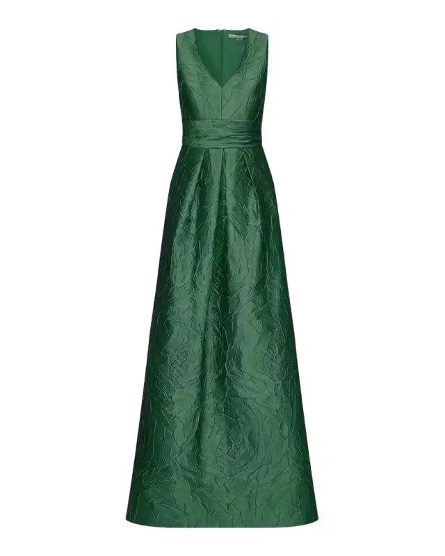Kay Unger New York Mariah V-Neck Sleeveless Jacquard A-Line Gown