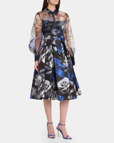 CYNTHIA ROWLEY Agatha Belted Floral Organza Midi Shirtdress | Thumbnail 4